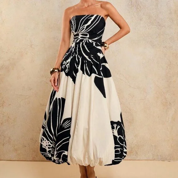 Black And White Elegant Women's Ruched Printed Dress - Picture 7 of 7